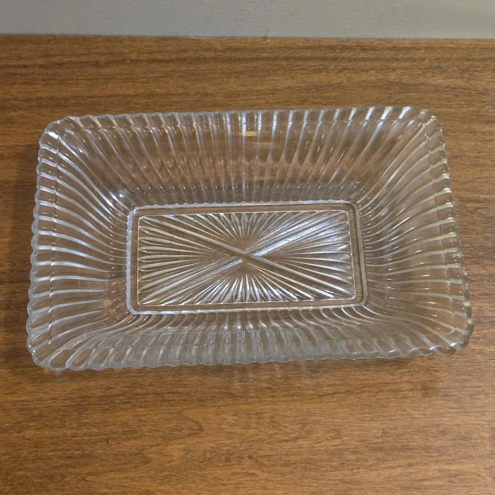 Vintage Clear Pressed Glass Ribbed Rectangular Dish Sunburst Base 8.25in